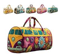 Hippie Van Quilted Duffle Bag - Boho Weekend Bag with Adjustable Shoulder Strap, Retro Style for Women, Ideal for Short Trips, Handy Travel Bag for Holiday & Party, R, Bohemian