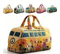 Hippie Van Quilted Duffle Bag - Boho Weekend Bag with Adjustable Shoulder Strap, Retro Style for Women, Ideal for Short Trips, Handy Travel Bag for Holiday & Party, H, Bohemian