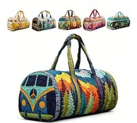 Hippie Van Quilted Duffle Bag - Boho Weekend Bag with Adjustable Shoulder Strap, Retro Style for Women, Ideal for Short Trips, Handy Travel Bag for Holiday & Party, J, Bohemian