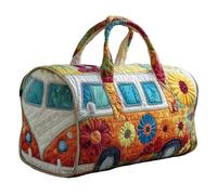 Hippie Van Quilted Duffle Bag, Boho Weekender Travel Overnight Luggage with Adjustable Strap, Retro Style Floral Large Capacity Carry-On Tote for Work School Gym (K, 16"x8"x8")