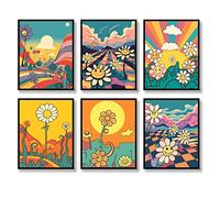 Hippie Wall Art Retro Wall Decor Prints Set of 6 Hippie Flower Canvas 60s 70s Vintage Posters Abstract Minimalist Inspirational Happy Face,Good day,Earth Day Photos Boho Positive Pictures for Living