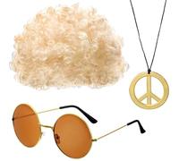 Hippie Wig and Sunglasses | Men Hippie Costume Accessories Set - Includes Afro Wig, Sunglasses, Disco Necklace, 50s/60s/70s Themed Party Supplies