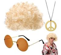 Hippie Wig and Sunglasses | Men Hippie Costume Accessories Set,Includes Afro Wig, Sunglasses, Disco Necklace, 50s/60s/70s Themed Party Supplies