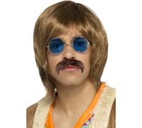 Hippie Wig + Tash + Glasses Adults 60s Hippy Singer Kit Brown Mens Fancy Dress