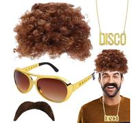 Hippie Wige Costume and Accessoriess Suit, Afro Waig | Funky Hiappie Cosplay with Wfig Sunglasses Necklace Mustache | Hippiee Accessories for 50/60/70s Theme Parties, Halloween Parties, Christmas