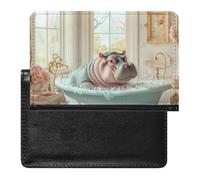 Hippo Bathing Leather Passport Holder Compact ID Card Cover Case Slim Travel Wallet for Men Women
