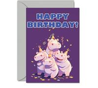 Hippo Birthday Cards for Her Him - Party Animals Pyramid - Happy Birthday Card for Mum Dad Brother Sister Auntie Uncle Cousin Friend Family Colleague A5 Bday Greeting Cards