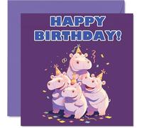 Hippo Birthday Cards for Her Him - Party Animals Pyramid - Happy Birthday Card for Mum Dad Brother Sister Auntie Uncle Cousin Friend Family Colleague 145mm x 145mm Bday Greeting Cards
