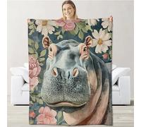 Hippo Blanket for Kids Boys Girls, Flannel Hippo Blankets Gifts, Floral Flower Hippo Throw Blanket for Sofa Couch Bed Living Room Soft Warm Cozy Hippo Decor 80" x 60"