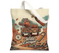 Hippo Canvas Tote Bag for Women, Adventure Nature Compass Leaves Fall Brown Washable Reusable Small Tote Bags Ideas for Tra, Brown, 13x15 Inch