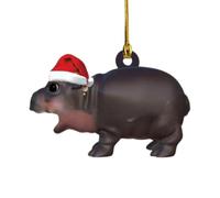 Hippo Christmas Ornament, Cute Moo Dengs Hippo Pendant Christmas Tree Decorations, 2D Acrylic Hippopotamus Decoration With Santa Hat