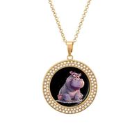 Hippo Cute Hippopotamus Multicolored Diamond Necklace Dainty Round Pendants Jewelry for Women Golden-style