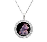 Hippo Cute Hippopotamus Multicolored Diamond Necklace Dainty Round Pendants Jewelry for Women Silver-style