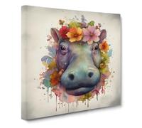 Hippo Floral Art Canvas Wall Art Print Ready to Hang, Framed Picture for Living Room Bedroom Home Office Décor, 50x50 cm (20x20 Inch)
