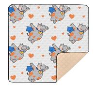 Hippo Funny Animal Flying White Heart Orange Large Non-Slip Baby Activity Play Mat for Floor Water Resistant Baby Crawling Mat for Babies Infants Toddlers, 50'' x 50''