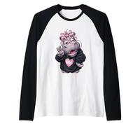 Hippo Girl Winking Peace Sign Pink Bow Pop Graphic Playful Raglan Baseball Tee