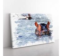 Hippo Hippopotamus V3 Modern Canvas Wall Art Print Ready to Hang, Framed Picture for Living Room Bedroom Home Office Décor, 76x50 cm (30x20 Inch)