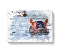 Hippo Hippopotamus V3 Modern Canvas Wall Art Print Ready to Hang, Framed Picture for Living Room Bedroom Home Office Décor, 50x35 cm (20x14 Inch)