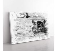 Hippo Hippopotamus V4 Modern Canvas Wall Art Print Ready to Hang, Framed Picture for Living Room Bedroom Home Office Décor, 50x35 cm (20x14 Inch)