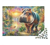 Hippo in Garden1000pc Cardboard Hippo Friend Jigsaw Puzzle for Adults Hard Difficult Challenge Office Break Stress Relief Home Decoration 70x50cm/1000pcs