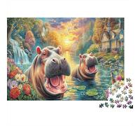 Hippo Paradise 1000 Pcs Thick Cardboard Happy Hippos Classic Jigsaw Puzzle Couple Partners Ultra Difficult for Office Leisure Creative Gift 38x26cm/1000pcs
