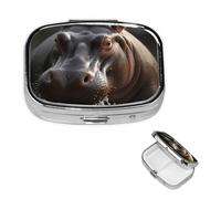 Hippo Pill Box 2 Compartment Medicine Pill Organizer Square Pill Case for Purse & Pocket Travel Pillbox Portable Metal Medicine Vitamin Fish Oil Organizer Unique Gift