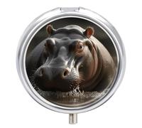 Hippo Pill Case Metal Round Portable Pill Box,Waterproof Travel Pills Organizer Vitamins Medicine Storage Box for Travel Or Daily
