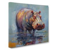 Hippo Post-Impressionism No.2 Canvas Wall Art Print Ready to Hang, Framed Picture for Living Room Bedroom Home Office Décor, 50x50 cm (20x20 Inch)