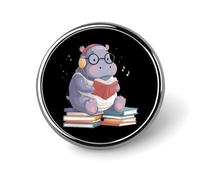 Hippo Reading Books Round Lapel Pin Button Brooch Tie Badge Elegant Hat Clothing Jewelry Accessories