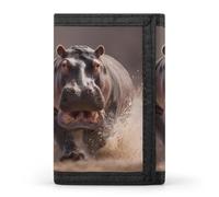 Hippo Running Funny Men's Wallet Lightweight Trifold | Novelty Slim Printed Front Pocket Tri-Fold Wallets with Keychain
