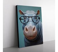 Hippo with Glasses Painting Canvas Print for Living Room Bedroom Home Office Décor, Wall Art Picture Ready to Hang, 76x50 cm (30x20 Inch)