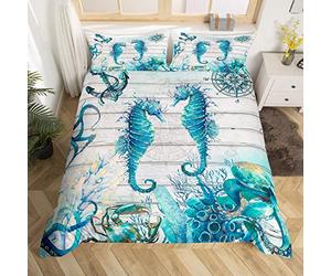 Hippocampus Duvet Cover Set Double Size, Sea Turtle Seahorse Octopus Comforter Cover with 2 Pillowcases, Nautical Anchor Compass Bedding Set 3pcs for Kids Boy Girls Marine Life Bedspread Cover