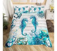 Hippocampus Duvet Cover Set Super King Size, Sea Turtle Seahorse Octopus Comforter Cover with 2 Pillowcases, Nautical Anchor Compass Bedding Set 3pcs for Kids Boy Girls Marine Life Bedspread Cover