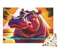 Hippopotamus 1000 Piece Puzzles Colorful Sunset Hippo Decoration Puzzle Educational Game for Men And Women Challenging Jigsaw Jigsaw Puzzles for Adults 52x38cm/1000pcs