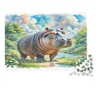 Hippopotamus 1000Pc Jigsaw Puzzle for Men | Challenging Decompression Game Hippo in Lush Green Stream Home Decoration Gift 70x50cm/1000pcs