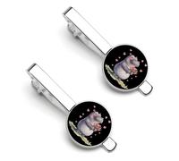 Hippopotamus Flowers Love Heart Men's Tie Clips Necktie Bar Pinch Clip Set of 2 Formal Business Wedding Accessories