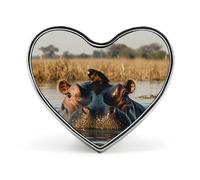 Hippopotamus Hippo Oxpecker Bird Badge Pin Brooch Heart Shape Button Aluminum Decor for Backpacks Hats
