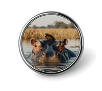 Hippopotamus Hippo Oxpecker Bird Round Badge Pin Brooch Button Stylish Decorative for Clothes Backpacks