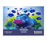 Hippopotamus Impossible Hard Difficult Challenging 1000 Piece Puzzle - Hippo Blue Flowers Heart Romantic Serene for Adults Decompression Great Gift Idea52x38cm/1000pcs