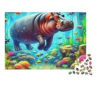 Hippopotamus Jigsaw Puzzle Dark Hippo Diving 1000 Piece Smooth Recycled Cardboard Framable Art Quiet Time Hobby for Enthusiasts Adults Beginners 70x50cm/1000pcs