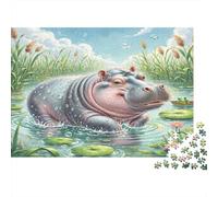 Hippopotamus Thick Paper Hippo in Pond with Reeds And Lily Pads Jigsaw Puzzle Bundle for Seniors Brain Training Secret Santa Gift 52x38cm/1000pcs