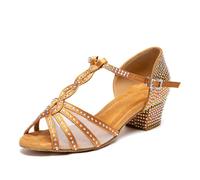 HIPPOSEUS Women Latin Dance Shoes T-Strap with Rhinestones Salsa Tango Practice Performance Dancing Shoes Low Heel for Beginners,Brown,2.5 UK