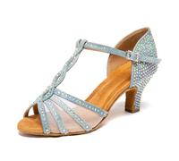 HIPPOSEUS Women Latin Dance Shoes T-Strap with Rhinestones Salsa Tango Practice Performance Dancing Shoes for Beginners,Blue, 5.5 UK