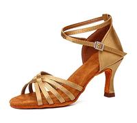 HIPPOSEUS Women's Latin Dance Shoes Beige Open Toe Ballroom Salsa Dance Practice Shoes 3 inch Heel,5 UK