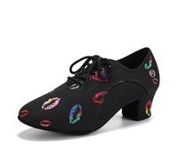 HIPPOSEUS Women's Latin Dance Shoes Closed Toe Ballroom Salsa Tango Dance Practice Shoes with Red Lips Pattern, 7.5 UK