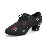 HIPPOSEUS Women's Latin Dance Shoes Closed Toe Ballroom Salsa Tango Dance Practice Shoes with Red Lips Pattern, 4 UK