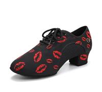 HIPPOSEUS Women's Latin Dance Shoes Closed Toe Ballroom Salsa Tango Dance Practice Shoes with Red Lips Pattern, 4 UK