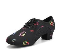 HIPPOSEUS Women's Latin Dance Shoes Closed Toe Ballroom Salsa Tango Dance Practice Shoes with Red Lips Pattern, 7 UK