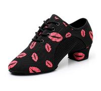 HIPPOSEUS Women's Latin Dance Shoes Closed Toe Ballroom Salsa Tango Dance Practice Shoes with Red Lips Pattern, 6 UK