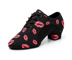 HIPPOSEUS Women's Latin Dance Shoes Closed Toe Ballroom Salsa Tango Dance Practice Shoes with Red Lips Pattern, 6 UK
